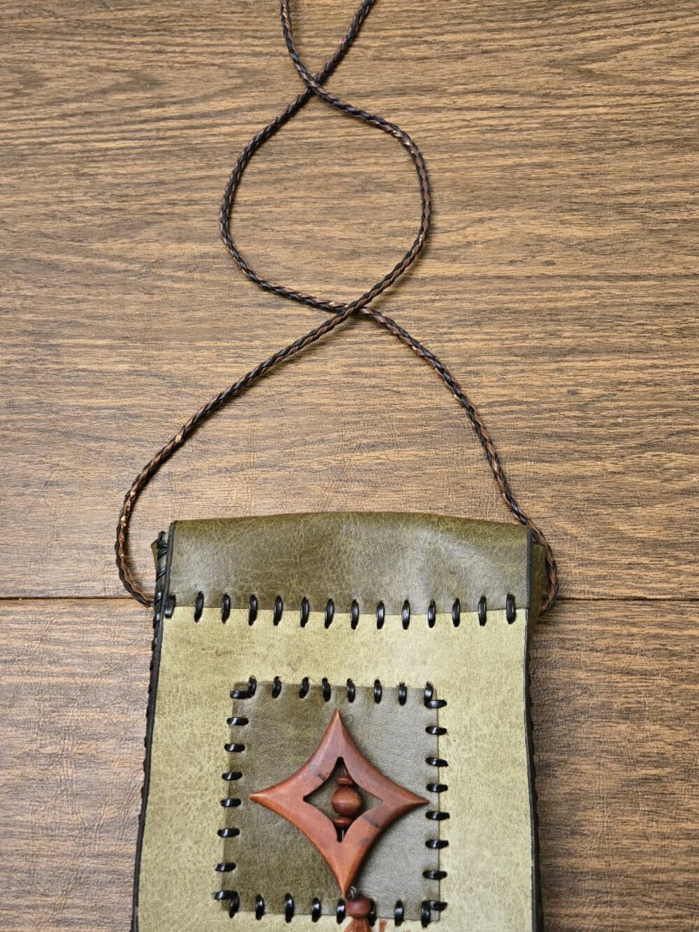 Women's Classic Flap Over Cross Body Bag w/Dark Wood Accent & Braided Strap